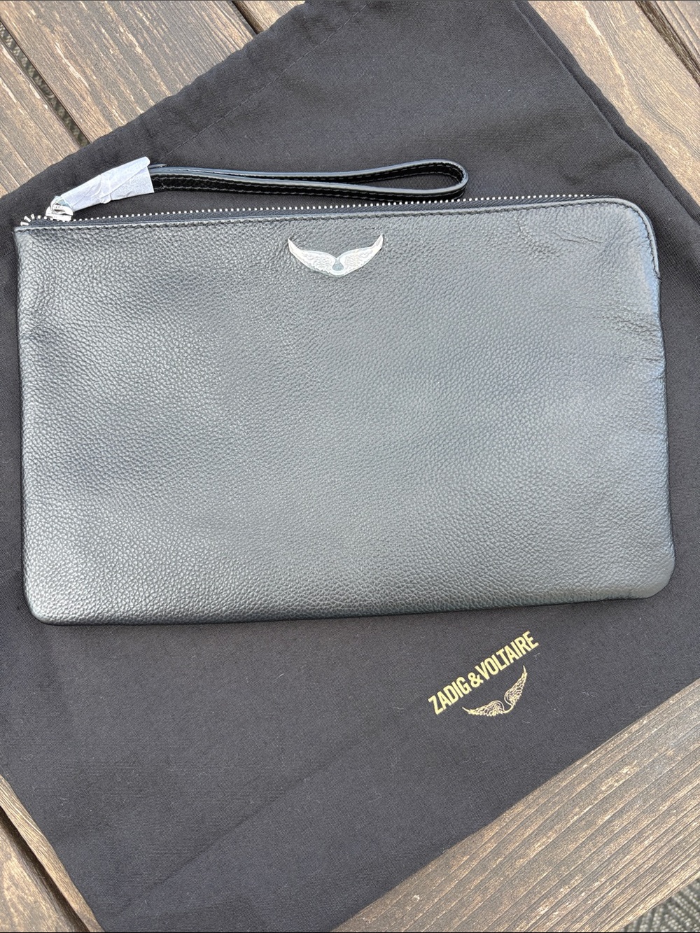 Zadig & Voltaire Black Leather Wristlet Pouch with Silver Logo